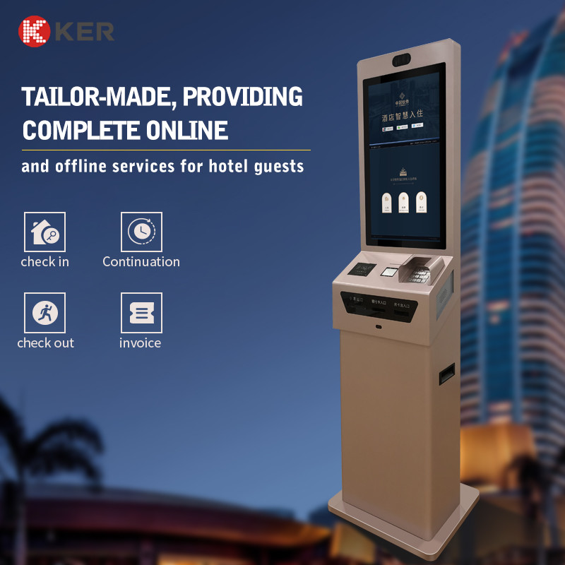 Latest company case about 27 inches hotel self service kiosk camera+qr-code scanner+ticket printer self service touch kiosk self service kiosk machine
